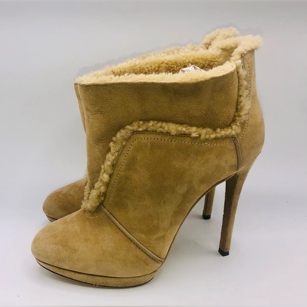 BRIAN ATWOOD Beige Suede Shearling Trim Ankle Boots Booties Size 7.5 Camel Tan